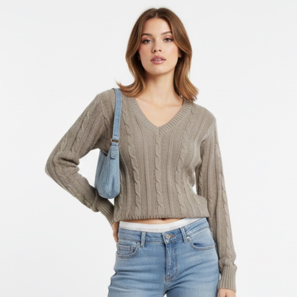 VTG Old Navy Y2K Taupe Cable Knit V Neck Sweater‎ Womens S Cotton Long Sleeve
